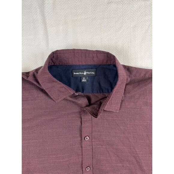 Beverly Hills Polo Club Shirt XL Burgundy Pinstripe Short Sleeve Button-Down - Picture 2 of 5